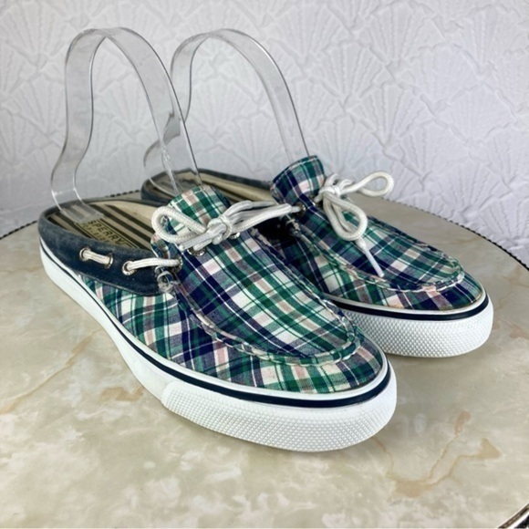Sperry Top Sider Mules Womens Size 7.5 Green Blue Plaid Open Back Slides Shoes - Picture 2 of 11